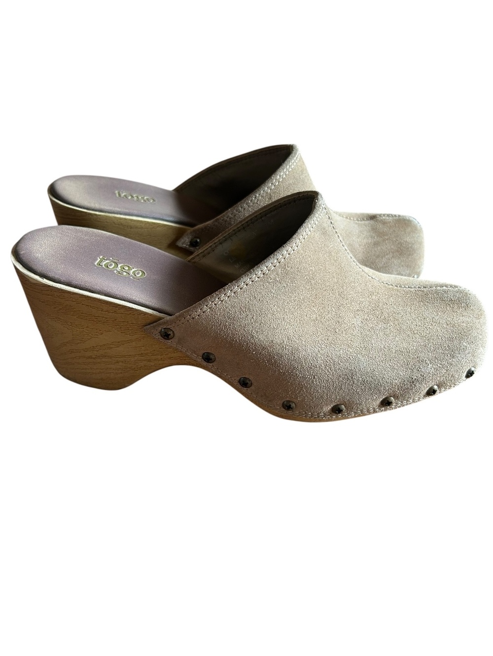 Tōgo Tan Suede Wooden Clogs Size 7 Boho Scandinavian Comfort Platform Mules - Picture 6 of 10